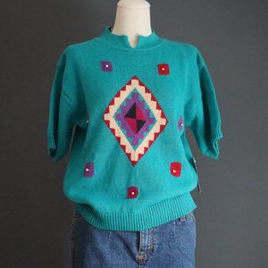 90's Cotton Blend Teal Geometric NOS Sweater Top